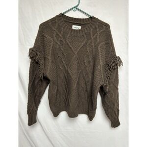 American Eagle Outfitters Cable Knit Sweater w/ Fringe Sleeves, Brown, Women's-S